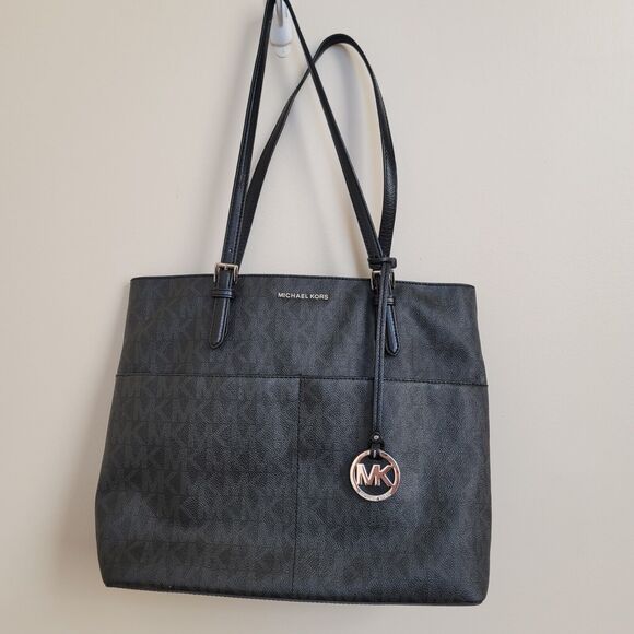 Michael Kors Handbags - Michael Kors Bedford Large Pocket Monogram Logo Top Zip Tote Bag Black/Silver